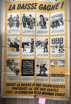 yellow and white poster on the side of a building with a bunch of pictures on it