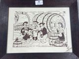 cartoon picture of a group of people standing around a barrel of wine