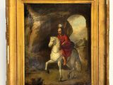 painting of a man riding a white horse in a rocky landscape