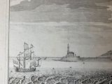 engraving of a view of a lighthouse in the distance with a ship in the foreground and a ship in the foreground