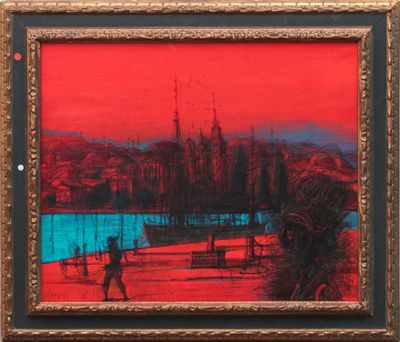 an image of a painting of a person walking on a beach