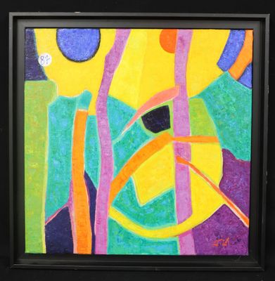 tableau représentant une œuvre abstraite aux couleurs vives, encadrée d'un cadre noir et accrochée au mur