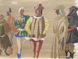 tableau représentant un groupe de personnes vêtues de costumes et coiffées de chapeaux
