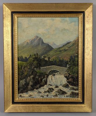 an oil painting of a mountain scene with a river and a bridge