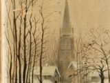 painting of a winter scene with a church in the background