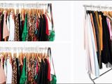 three pictures of a rack of clothes with different clothes hanging on it