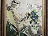 une image représentant un tableau où l'on voit une femme assise sur une chaise, entourée de fleurs