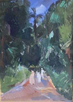 an oil painting of two people walking down a path in the woods