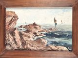 une peinture représentant un voilier sur l'eau, près des rochers