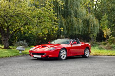 a red sports car that is parked in a parking lot