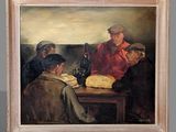 une peinture à l'huile représentant un groupe d'hommes assis autour d'une table