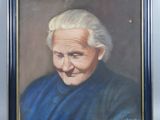 un tableau représentant un homme d'un certain âge aux cheveux blancs, vêtu d'une chemise bleue