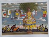 a painting of a woman in a yellow dress on a motorcycle