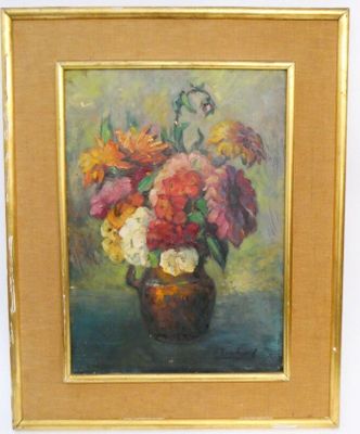 une peinture de fleurs dans un vase sur une table