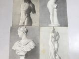quatre petits bustes en marbre représentant des femmes dans différentes poses, posés sur une surface blanche