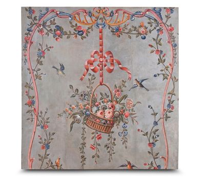 painting of a basket with flowers and birds on a gray background