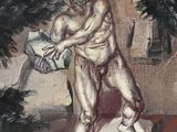 une peinture à l'huile représentant un homme tenant un couteau dans un jardin