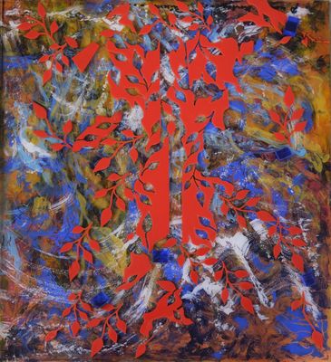 a painting of a cross with red and blue paint on it