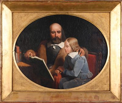 tableau représentant un homme et une petite fille en train de lire un livre