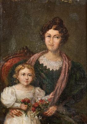Ecole du XIXe Portrait mère et enfant Huile sur toile
