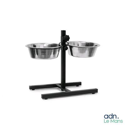 two stainless steel bowls on a black stand