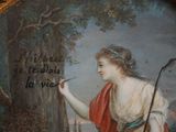 painting of a woman in a red dress holding a stick
