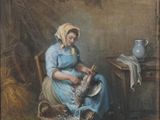 une image représentant un tableau où l'on voit une femme assise sur une chaise à côté d'un panier