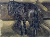 un tableau représentant un cheval debout dans une grange