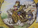 a picture of a painting of a woman riding a horse drawn carriage