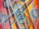 une peinture abstraite composée de cercles et de lignes sur fond rouge