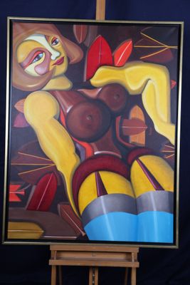 un tableau représentant une femme assise sur une chaise devant un tableau