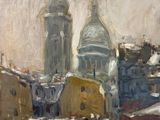 painting of a view of a city with a church in the background