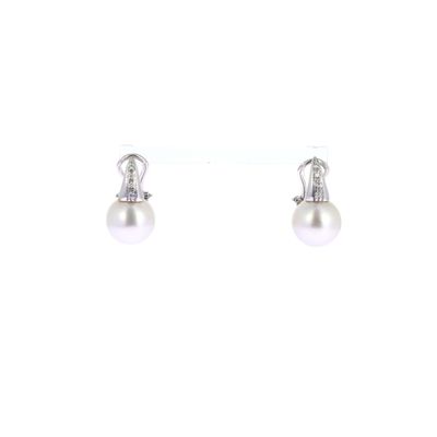 pair of pearl and diamond earrings on a white background