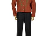 a mannequin wearing a red jacket and black pants