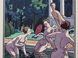 une image représentant un tableau où l'on voit un groupe de personnes nues s'amusant dans une piscine