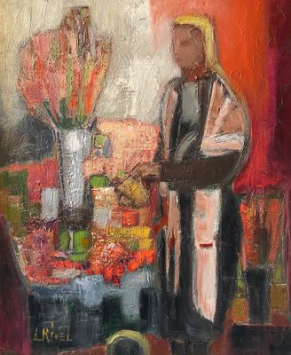 une peinture à l'huile représentant un homme debout devant une table ornée de fleurs