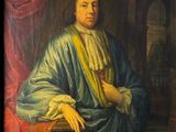 painting of a man in a blue robe sitting in a chair