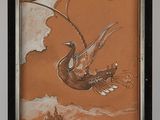 painting of a bird flying in the sky with a fish in the foreground