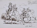 drawing of two men riding horses in a field with a sky in the background