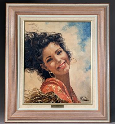 une peinture à l'huile représentant une femme aux cheveux bouclés qui sourit
