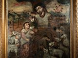 un vieux tableau représentant un homme avec un enfant et des moutons dans un champ