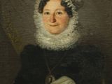 a painting of a woman in a black dress with a white bonnet