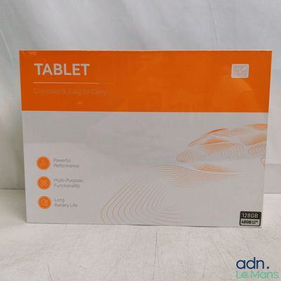 an orange and white box of a tablet on a white surface