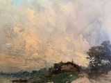 a painting of cows grazing in a field on a cloudy day