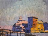a painting of a boat in the water with buildings in the background