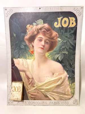 tableau représentant une femme en robe jaune tenant une bouteille de Job
