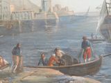 une peinture représentant des personnes sur un bateau dans l'eau