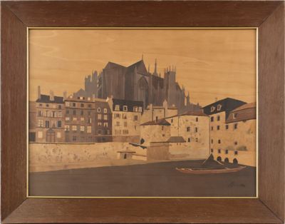 une image représentant un tableau d'une ville avec un bateau au premier plan