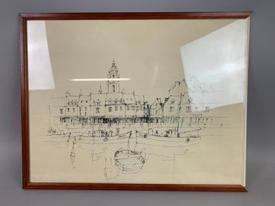tableau encadré représentant un dessin d'une ville avec une tour horloge en arrière-plan