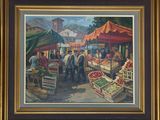 une peinture à l'huile représentant une scène de marché avec des fruits et des légumes exposés